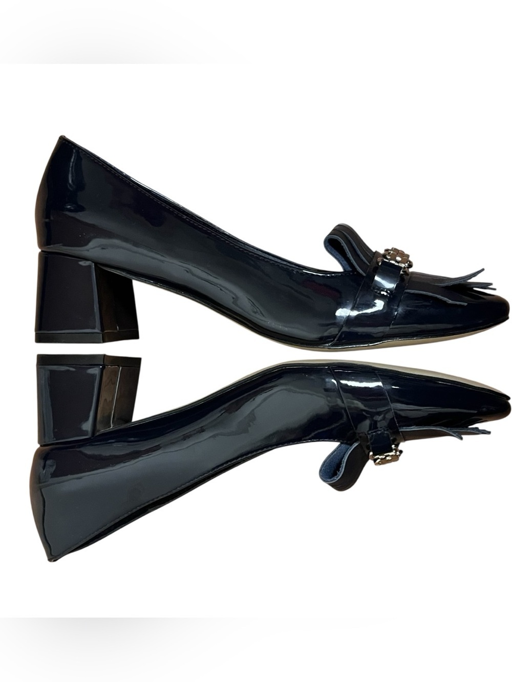 Tahari Mary Navy Patent Loafer Pumps Block Heel Fringe Chain Detail Size 8 - Picture 6 of 12